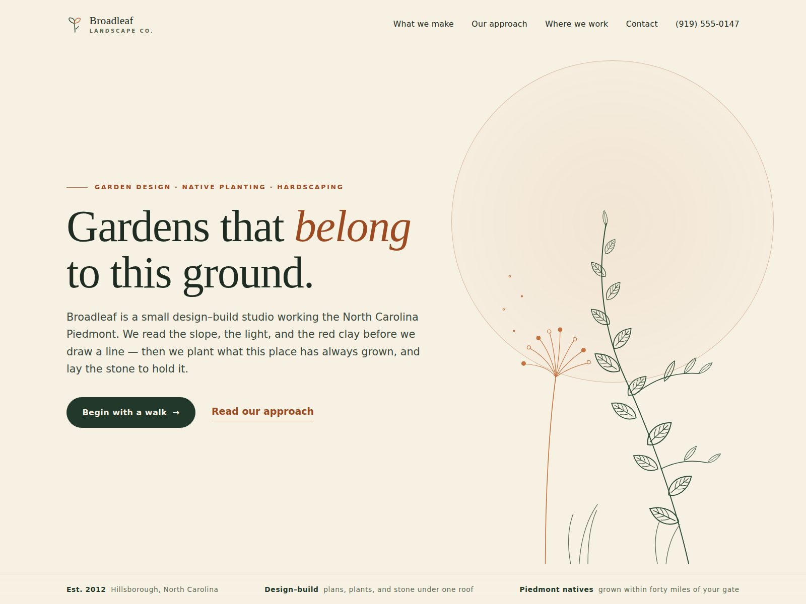 Home page for a garden design studio: warm paper ground, editorial serif, hand-drawn botanical line art.