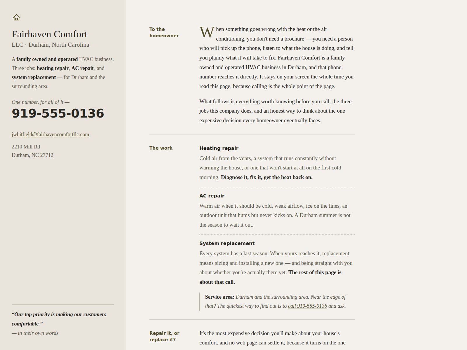 Home page for a small heating and air firm: an editorial page that reads like a letter from the owner.
