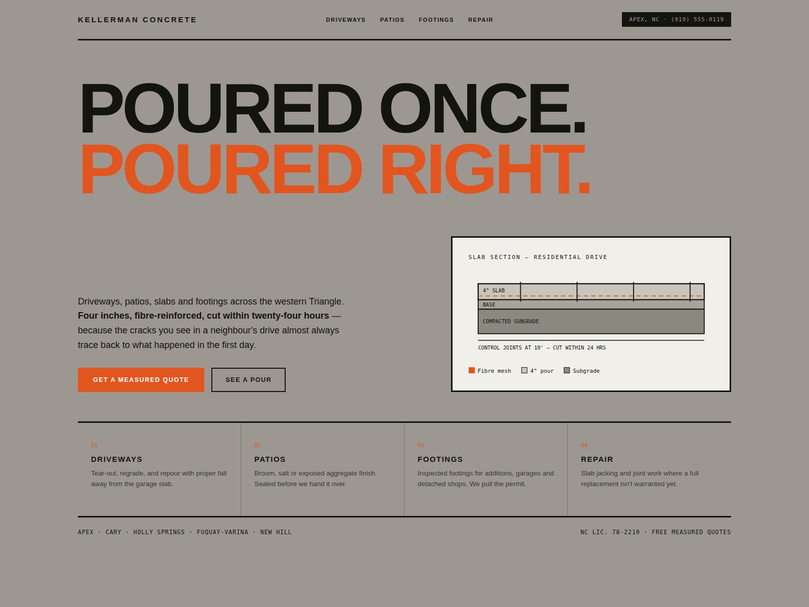 Home page for a concrete contractor: brutalist slab typography on a concrete-grey ground, safety orange accent, and a cutaway of a residential drive showing pour depth and joint spacing.