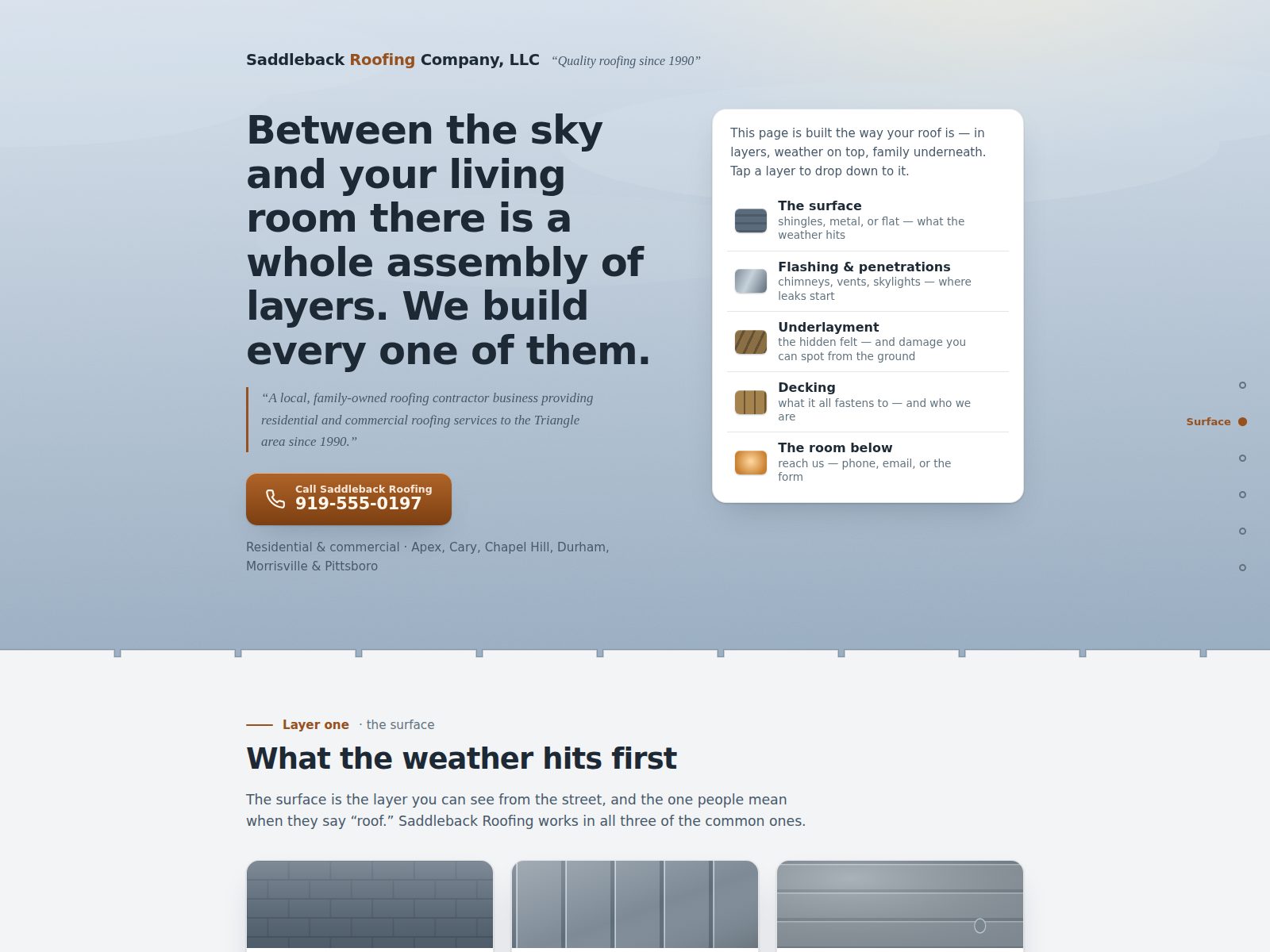 Home page for a family-owned roofing contractor: the page is structured as the layers of a roof, from surface down to the room below, each layer tappable.